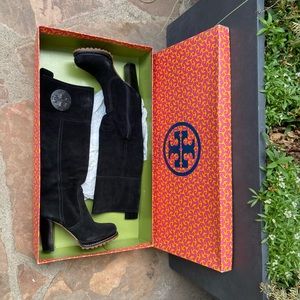 SOLD Tory Burch black suede high heeled knee high boots size 5